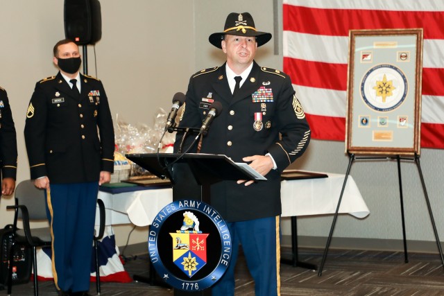 Command Sgt. Maj. Dennis A. Eger, U.S. Army deputy chief of staff (DCS), G-2, sergeant major, addresses the audience during his retirement ceremony at the U.S. Army Intelligence and Security Command, Fort Belvoir, Virginia, Aug. 21, 2020. Eger honorably served the U.S. Army and the nation for 32 years.