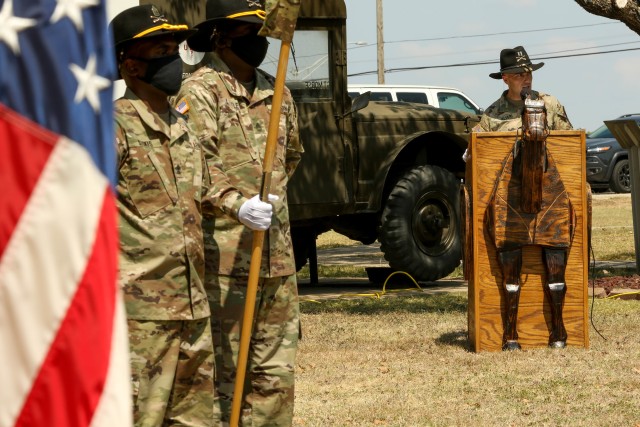 The 154th Composite Truck Company Commander, Capt. Anthony Alteri, addressed leadership, Soldiers, Family and friends during the unit’s casing ceremony at the 1st Cavalry Division museum on Fort Hood, Texas, August 18, 2020. The company will...