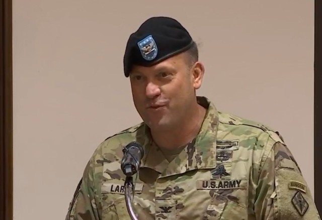 Col. Michael Larsen, Army Training Center and Fort Jackson deputy commanding officer speaks during a ceremony welcoming him Aug. 25 at Victory Hall. Larsen said he was humbled and ‘not expecting this. I was fully anticipating to show up under the radar and quietly move into our quarters on post, get things settled and just start getting after it,’ he said. (Screenshot)