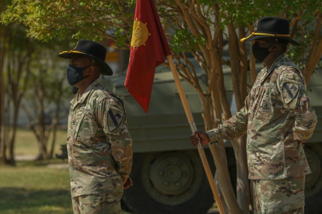 1st Sgt. Antwain Stokes stands ready for the 154th Composite Truck Company, “Renegades,” casing ceremony at the 1st Cavalry Division museum at Fort Hood, Texas, August 18, 2020. The company will deploy later this month to Kuwait, in support of...