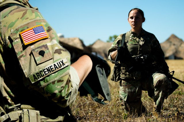 Spc. Valerie Arceneaux, 3rd Armored Brigade Combat Team, 1st Cavalry Division, poses for a series of feature photos during the Expert Soldier Badge Qualification at Fort Hood, Texas, August 19, 2020. (U.S. Army Illustration by Sgt. Calab Franklin)