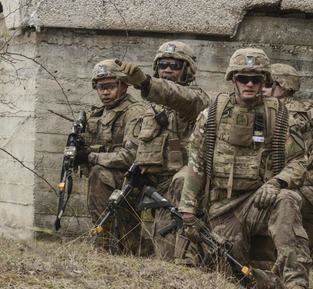 Soldiers with 1st Battalion, 8th Cavalry Regiment, 2nd Armored Brigade Combat Team train to clear a town alongside Hungarian Armed Forces during Hawk Strike in Hungary on March 3, 2020. Hawk Strike allows units to conduct movements in a realistic,...