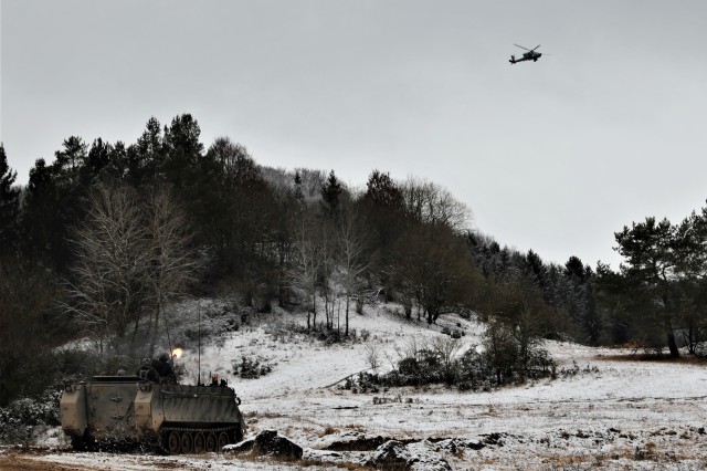 Opposing forces (OPFOR) fire at objective during training exercise Combined Resolve XIII at the Joint Multinational Training Center in Hohenfels, Germany on Jan. 29, 2020. (U.S. Army National Guard photo by Staff Sgt. Gregory Stevens)