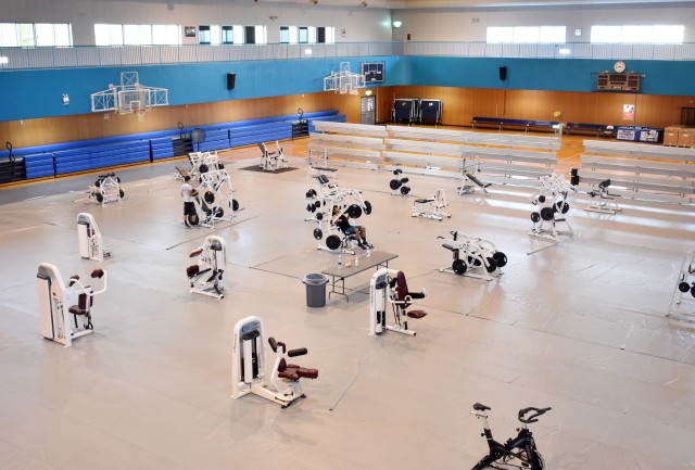 Personnel have placed exercise machines with social distancing in mind on the gym floor at the Yano Fitness Center at Camp Zama, Japan, Aug. 27.