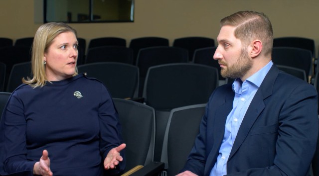 Dr. Melissa Wolfe, a senior research psychologist at the Center for the Army Profession and Leadership, talks with a documentary reporter during an interview for the Battalion Commander Assessment Program documentary, filmed in January 2020 at Fort Knox, Ky.   