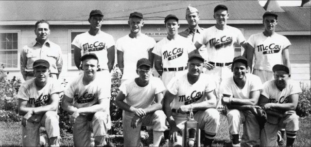 Members of the Camp McCoy, Wis., baseball team pose for a photo with a trophy in the 1950s at Camp McCoy (now Fort McCoy). Baseball was a popular pastime at the installation in the 1940s and 1950s. (U.S. Army file photo)