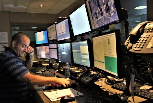 Aaron Demarte, public safety dispatcher with the Fort McCoy Directorate of Emergency Services (DES) 911 Communications/Security Center, processes a request Aug. 6, 2020, in the center at Fort McCoy, Wis. The center, also referred to as DES...