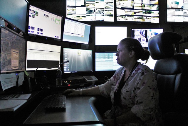 Brandie Stello, lead public safety dispatcher with the Fort McCoy Directorate of Emergency Services (DES) 911 Communications/Security Center, processes a request Aug. 6, 2020, in the center at Fort McCoy, Wis. The center, also referred to as DES...