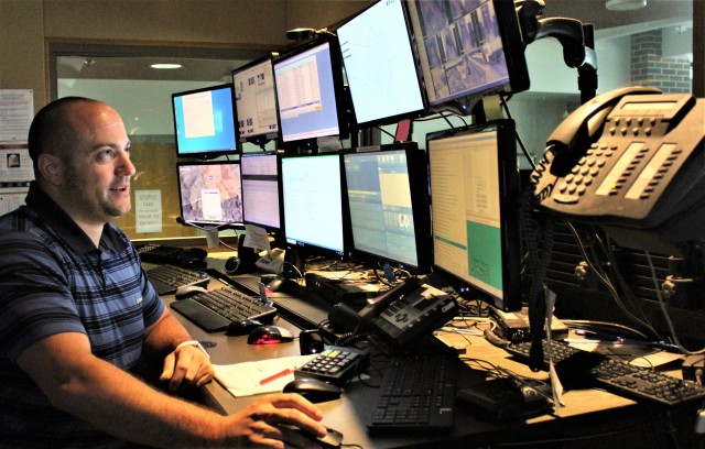 Aaron Demarte, public safety dispatcher with the Fort McCoy Directorate of Emergency Services (DES) 911 Communications/Security Center, processes a request Aug. 6, 2020, in the center at Fort McCoy, Wis. The center, also referred to as DES...