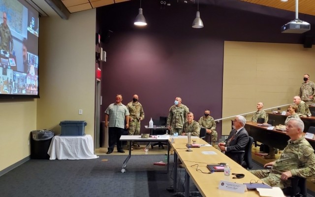 (Right to Left) Maj. Gen. Dennis LeMaster, Mr. J.M. Harmon III, Maj. Gen. Joseph Robinson and others dialogue with virtual attendees during the Medical Supporting Concept Seminar hosted by the U.S. Army Medical Center of Excellence from August 25-28, 2020 on Joint Base San Antonio-Fort Sam Houston.  There were over 60 virtual and in-person attendees to include 20 general officers and members of the senior executive service from all three Army components: regular Army, Army National Guard, and Army Reserves.    In person attendees adhered to COVID-19 mitigation measures which includes at least 6 feet of social distance and wearing face coverings when social distance cannot be maintained.