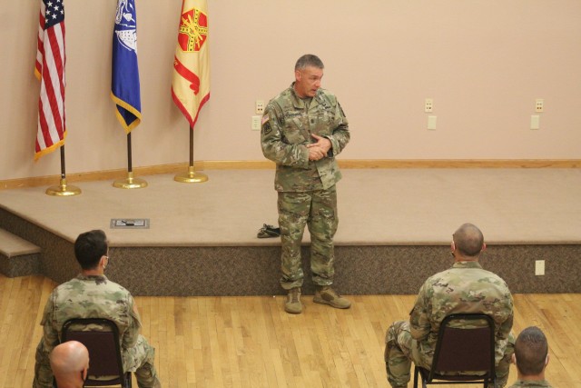 Command Sgt. Maj. Andrew Lombardo, who serves as the command sergeant major of the Army Reserve, talks with Soldiers on Aug. 28, 2020, in building 905 at Fort McCoy, Wis. The enlisted call was a specially coordinated event with social distancing...