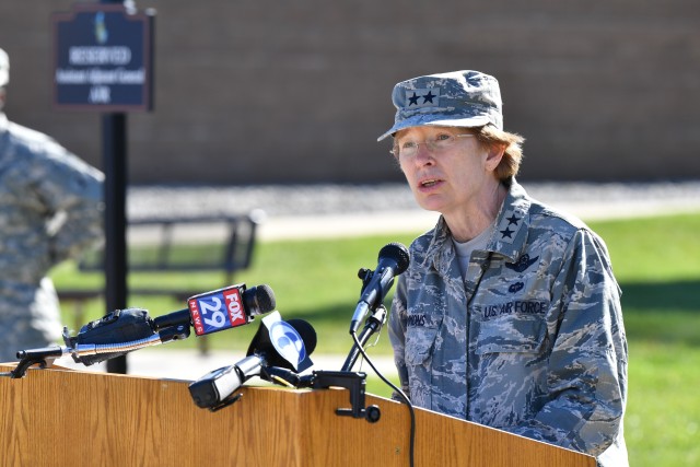 Maj. Gen. Carol Timmons shares some words about Brigadier General David Fleming at the Joint Force Headquarters Delaware National Guard on 20 October 2017. (U.S. Air National Guard photo by Staff Sergeant John Michaels)