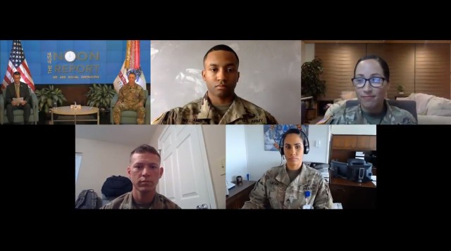 Sgt. Maj. of the Army Michael A. Grinston invited four staff sergeants from across the Army to engage in a virtual discussion on race on Aug. 31, 2020. Clockwise from top left are Grinston; Staff Sgt. Akeem Williams U.S. Army Europe; Staff Sgt....