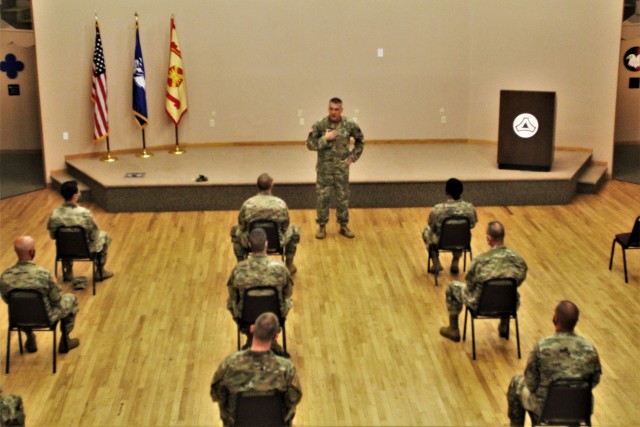 Command Sgt. Maj. Andrew Lombardo, who serves as the command sergeant major of the Army Reserve, talks with Soldiers on Aug. 28, 2020, in building 905 at Fort McCoy, Wis. The enlisted call was a specially coordinated event with social distancing...