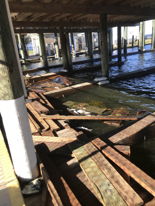 FORT BENNING, Ga. – In a photo taken shortly after Hurricane Michael struck the Florida panhandle in October 2018, loose timbers are part of the storm damage wrought at the Destin Army Recreation Area, a scenic resort in the Florida panhandle, about 220 miles south of Fort Benning. The resort is popular with members of the U.S. military community. Hurricane Michael did major damage to the resort&#39;s marina, seawall and boating channel. Work has begun on repairing the seawall. The marina was repaired last year. Plans also call for a project that will eventually dredge the boating channel.

(U.S. Army photo)

