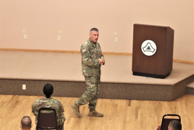 Command Sgt. Maj. Andrew Lombardo, who serves as the command sergeant major of the Army Reserve, talks with Soldiers on Aug. 28, 2020, in building 905 at Fort McCoy, Wis. The enlisted call was a specially coordinated event with social distancing...