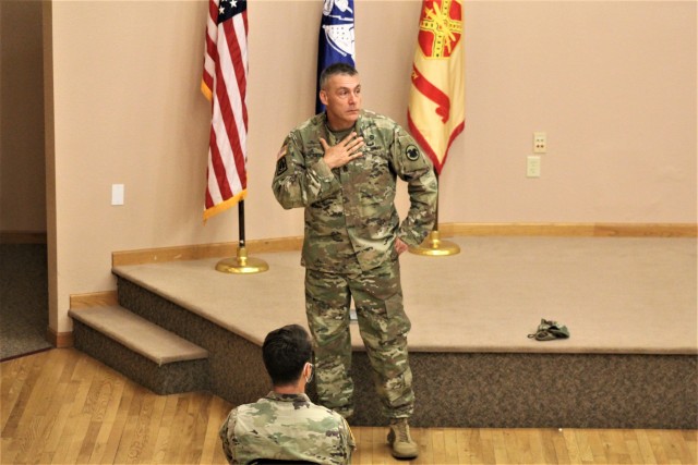 Command Sgt. Maj. Andrew Lombardo, who serves as the command sergeant major of the Army Reserve, talks with Soldiers on Aug. 28, 2020, in building 905 at Fort McCoy, Wis. The enlisted call was a specially coordinated event with social distancing...