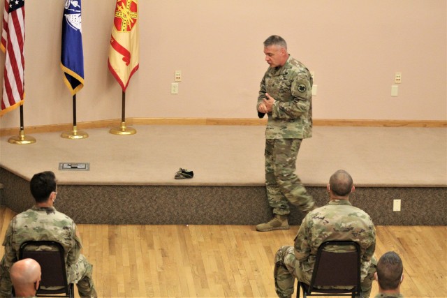 Command Sgt. Maj. Andrew Lombardo, who serves as the command sergeant major of the Army Reserve, talks with Soldiers on Aug. 28, 2020, in building 905 at Fort McCoy, Wis. The enlisted call was a specially coordinated event with social distancing...