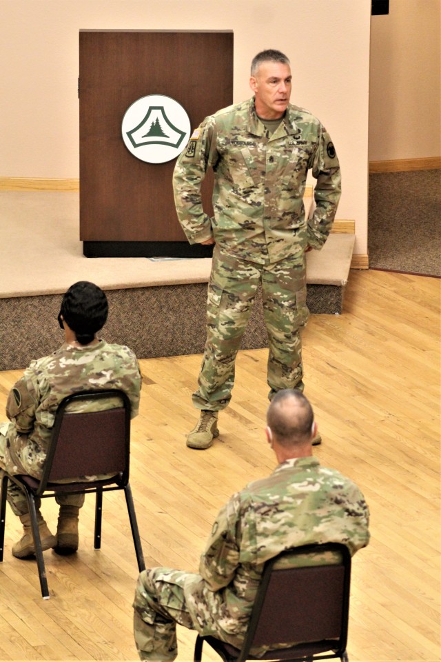 Command Sgt. Maj. Andrew Lombardo, who serves as the command sergeant major of the Army Reserve, talks with Soldiers on Aug. 28, 2020, in building 905 at Fort McCoy, Wis. The enlisted call was a specially coordinated event with social distancing...