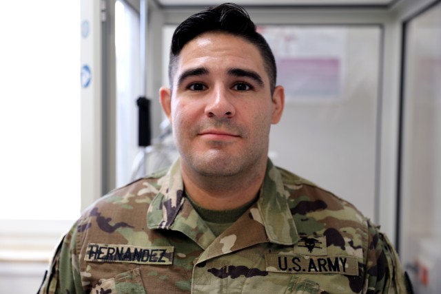 Staff Sgt. Michael Hernandez, the noncommissioned officer in charge of the respiratory department at Landstuhl Regional Medical Center, poses for a photo.