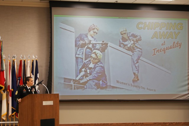 Command Sgt. Maj. Rebecca Myers, Fort Stewart and Hunter Army Airfield garrison’s senior enlisted advisor, speaks at a women’s equality observance on Fort Stewart, Georgia, Aug. 26, 2020. Myers is the first female to serve as the garrison...