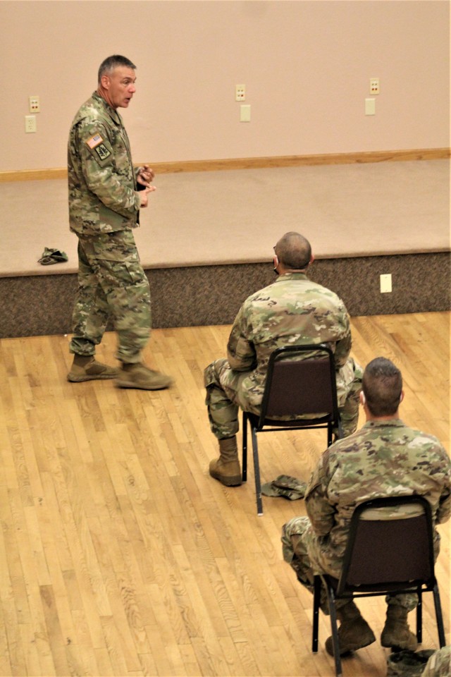 Command Sgt. Maj. Andrew Lombardo, who serves as the command sergeant major of the Army Reserve, talks with Soldiers on Aug. 28, 2020, in building 905 at Fort McCoy, Wis. The enlisted call was a specially coordinated event with social distancing...