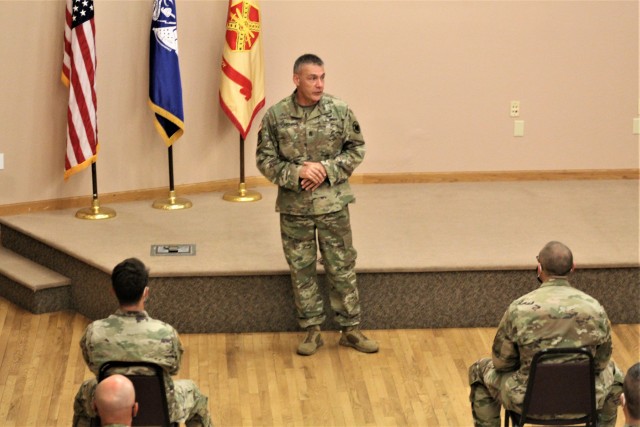 Command Sgt. Maj. Andrew Lombardo, who serves as the command sergeant major of the Army Reserve, talks with Soldiers on Aug. 28, 2020, in building 905 at Fort McCoy, Wis. The enlisted call was a specially coordinated event with social distancing...