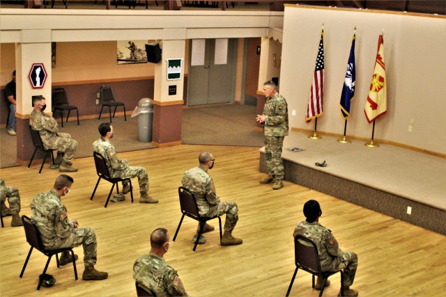 Command Sgt. Maj. Andrew Lombardo, who serves as the command sergeant major of the Army Reserve, talks with Soldiers on Aug. 28, 2020, in building 905 at Fort McCoy, Wis. The enlisted call was a specially coordinated event with social distancing...