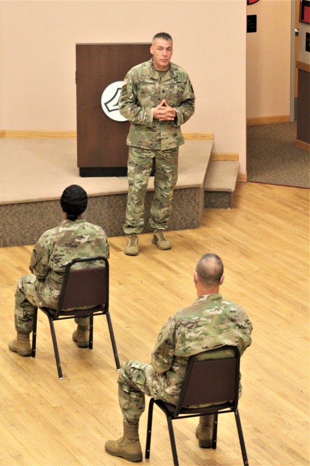 Command Sgt. Maj. Andrew Lombardo, who serves as the command sergeant major of the Army Reserve, talks with Soldiers on Aug. 28, 2020, in building 905 at Fort McCoy, Wis. The enlisted call was a specially coordinated event with social distancing...