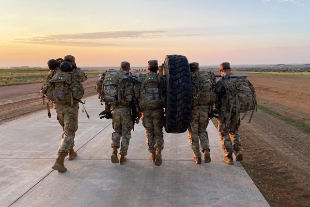 Soldiers with 1st Battalion, 12th Infantry Regiment, 2nd Stryker Brigade Combat Team, 4th Infantry Division ruck march during the first week of Platoon Leader Assessment Selection Program Aug. 17-28 at Fort Carson, Colorado. The program, first held July 2019 and unique to the battalion, assesses and prepares lieutenants in the battalion to be assigned to positions that will challenge them and set them up for success during their time in the battalion and the U.S. Army. (U.S. Army photo by Capt. Chelsea Durante)