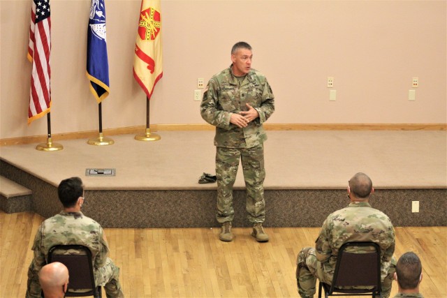 Command Sgt. Maj. Andrew Lombardo, who serves as the command sergeant major of the Army Reserve, talks with Soldiers on Aug. 28, 2020, in building 905 at Fort McCoy, Wis. The enlisted call was a specially coordinated event with social distancing...
