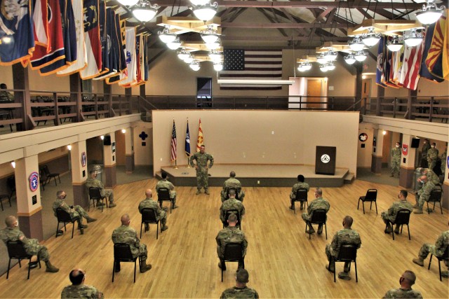 Command Sgt. Maj. Andrew Lombardo, who serves as the command sergeant major of the Army Reserve, talks with Soldiers on Aug. 28, 2020, in building 905 at Fort McCoy, Wis. The enlisted call was a specially coordinated event with social distancing...