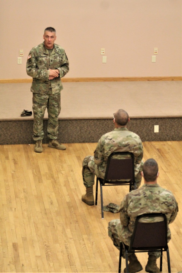 Command Sgt. Maj. Andrew Lombardo, who serves as the command sergeant major of the Army Reserve, talks with Soldiers on Aug. 28, 2020, in building 905 at Fort McCoy, Wis. The enlisted call was a specially coordinated event with social distancing...