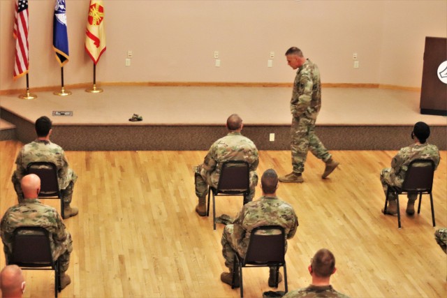 Command Sgt. Maj. Andrew Lombardo, who serves as the command sergeant major of the Army Reserve, talks with Soldiers on Aug. 28, 2020, in building 905 at Fort McCoy, Wis. The enlisted call was a specially coordinated event with social distancing...