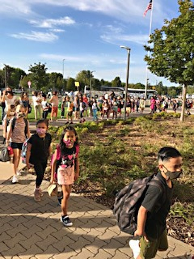 VICENZA - Vicenza Elementary School students form a line maintaining social distancing Aug. 24 on their first day back to school. 
...