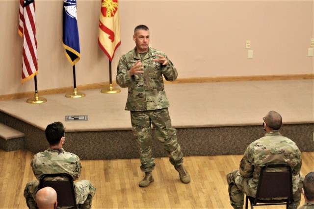 Command Sgt. Maj. Andrew Lombardo, who serves as the command sergeant major of the Army Reserve, talks with Soldiers on Aug. 28, 2020, in building 905 at Fort McCoy, Wis. The enlisted call was a specially coordinated event with social distancing...