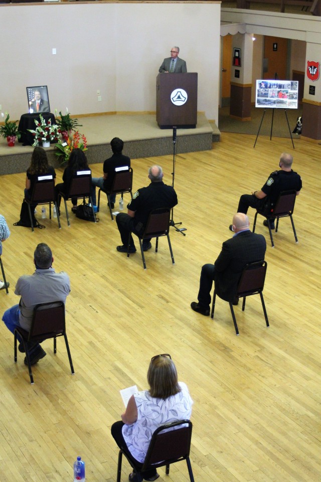 Fort McCoy community members and friends and family of James C. Hamilton III gathered for a socially distanced memorial service Aug. 14, 2020, in building 905 at Fort McCoy, Wis. Hamilton was the former director of the Directorate of Emergency...
