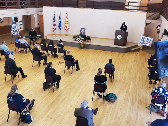 Fort McCoy community members and friends and family of James C. Hamilton III gathered for a socially distanced memorial service Aug. 14, 2020, in building 905 at Fort McCoy, Wis. Hamilton was the former director of the Directorate of Emergency...