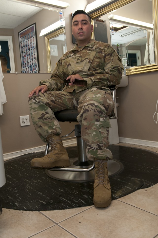 U.S. Army Reserve Sgt. Bryan Herrera surveys his workstation at one of the three barbershops he owns throughout the Richmond, Va. area Aug. 18, 2020. Herrera balances a career as an Army Reserve NCO along with a full-time career as a barber and business owner. 