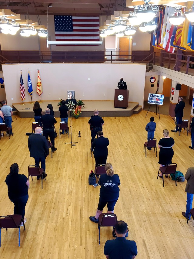 Fort McCoy community members and friends and family of James C. Hamilton III gathered for a socially distanced memorial service Aug. 14, 2020, in building 905 at Fort McCoy, Wis. Hamilton was the former director of the Directorate of Emergency...