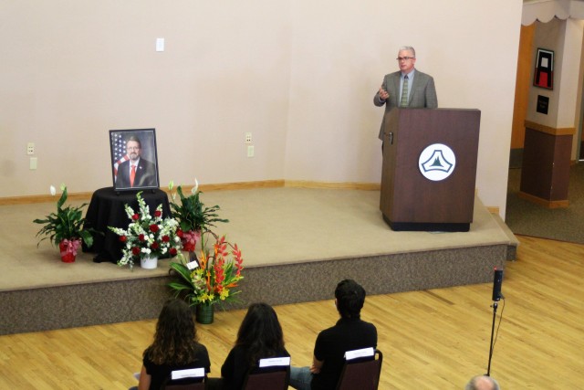 Fort McCoy community members and friends and family of James C. Hamilton III gathered for a socially distanced memorial service Aug. 14, 2020, in building 905 at Fort McCoy, Wis. Hamilton was the former director of the Directorate of Emergency...
