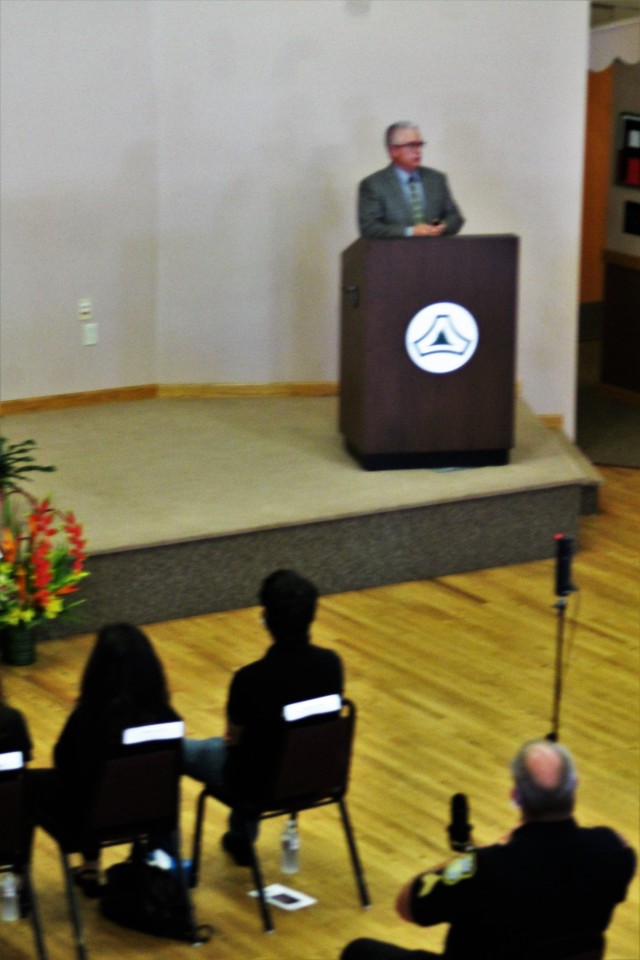 Chaplain (Maj.) Robert Rand, garrison chaplain, as well as other Fort McCoy community members and friends and family of James C. Hamilton III gathered for a socially distanced memorial service Aug. 14, 2020, in building 905 at Fort McCoy, Wis....