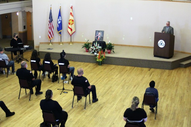 Fort McCoy community members and friends and family of James C. Hamilton III gathered for a socially distanced memorial service Aug. 14, 2020, in building 905 at Fort McCoy, Wis. Hamilton was the former director of the Directorate of Emergency...