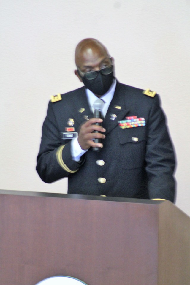 Chaplain (Maj.) Robert Rand, garrison chaplain, as well as other Fort McCoy community members and friends and family of James C. Hamilton III gathered for a socially distanced memorial service Aug. 14, 2020, in building 905 at Fort McCoy, Wis....
