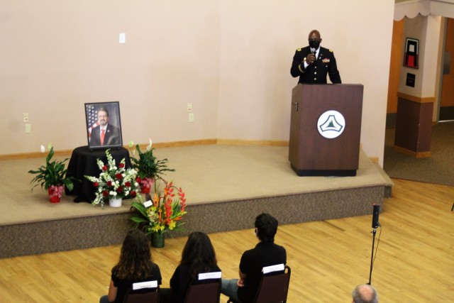 Chaplain (Maj.) Robert Rand, garrison chaplain, as well as other Fort McCoy community members and friends and family of James C. Hamilton III gathered for a socially distanced memorial service Aug. 14, 2020, in building 905 at Fort McCoy, Wis....