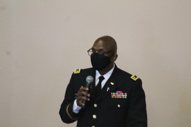 Chaplain (Maj.) Robert Rand, garrison chaplain, as well as other Fort McCoy community members and friends and family of James C. Hamilton III gathered for a socially distanced memorial service Aug. 14, 2020, in building 905 at Fort McCoy, Wis....