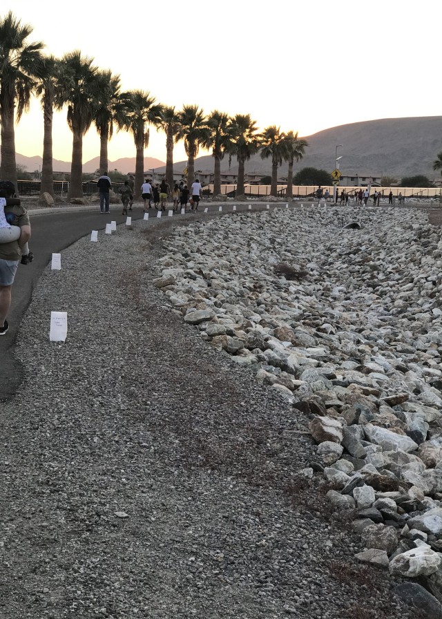 Paper bags with encouraging messages line the pathway for Soldiers, civilians and community members participating in Weed Army Community Hospital’s Suicide Prevention Awareness Walk Sept. 1 at Fort Irwin, Calif. (U.S. Army photo by Lt. Col. Jacquelin Coleman-Adams, WACH)