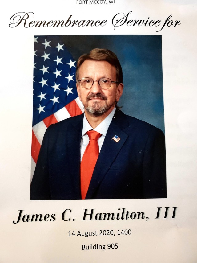 The cover of the program bulletin for Fort McCoy community members and friends and family of James C. Hamilton III gathered for a socially distanced memorial service is shown Aug. 14, 2020, at Fort McCoy, Wis. Hamilton was the former director of...