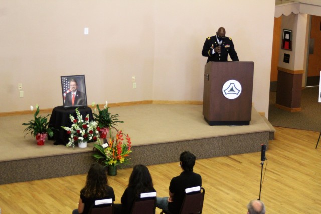 Chaplain (Maj.) Robert Rand, garrison chaplain, as well as other Fort McCoy community members and friends and family of James C. Hamilton III gathered for a socially distanced memorial service Aug. 14, 2020, in building 905 at Fort McCoy, Wis....