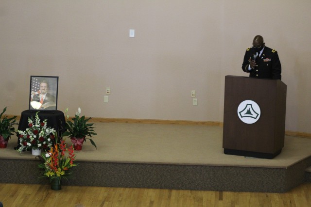 Chaplain (Maj.) Robert Rand, garrison chaplain, as well as other Fort McCoy community members and friends and family of James C. Hamilton III gathered for a socially distanced memorial service Aug. 14, 2020, in building 905 at Fort McCoy, Wis....